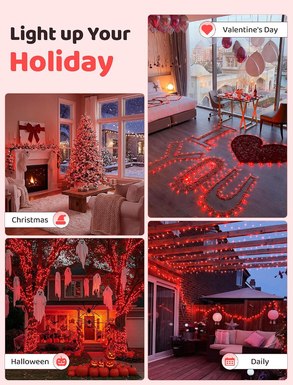 Hopolon Valentines Day Decorations String Lights, 33 FT 100 LED Red