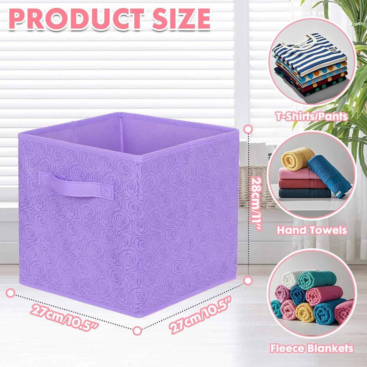 ShellKingdom Storage Bins, Foldable Fabric Storage Cubes with 3D Embossed Rose Pattern, Cloth Organizer Drawer For Closet And Toys, 10.5 X 10.5 X 11 inch, 2 Pack (Lavender)