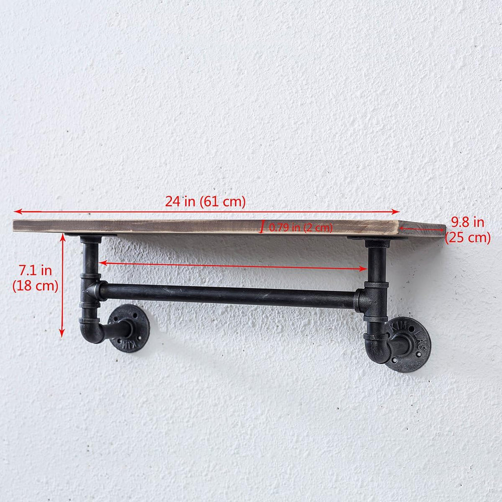 MBQQ 1 Tier Shelving Bathroom Pipe Shelves with Towel Bar Over Toilet, 24 inch Pine Wood Floating Shelves for Wall Mounted Bedroom,Kitchen, Farmhouse, Living Room