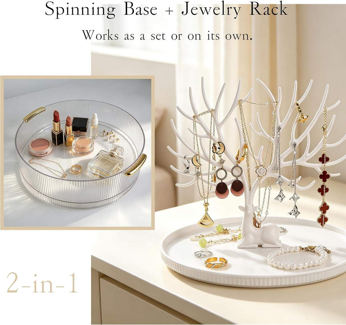 MORE&LESS Antler Striped Rotating Jewelry Storage Box. The antlers can hang earrings, ear studs, bracelets, keys, etc.