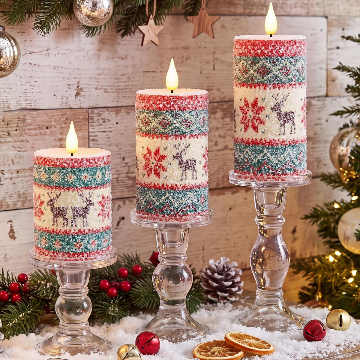Retisee 3 Pcs Christmas Elk Knitted Sweater Flameless Candles 4" 5" 6"