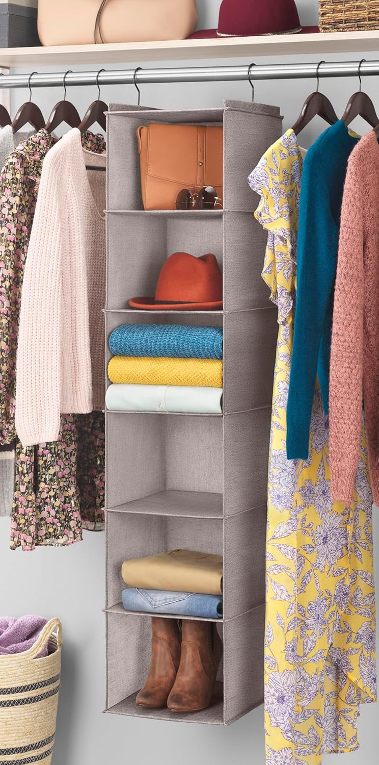 Whitmor Hanging Accessory Shelves - 6 Section Closet Organizer - Light Grey