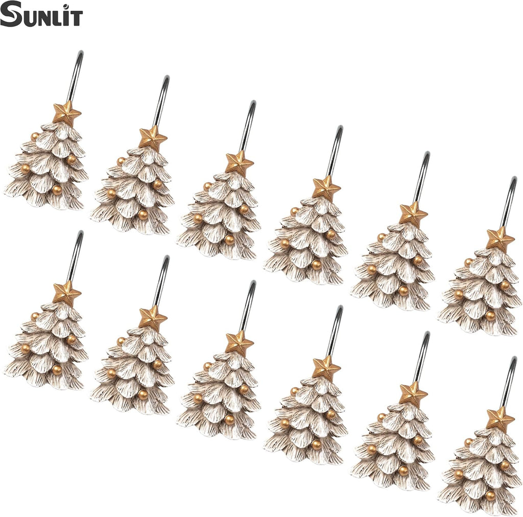 Sunlit Christmas Tree Decorative Shower Curtain Hooks with Star, Shower Curtain Rings, Resin, Xmas Theme Winter Holiday Bathroom Decoration, Set of 12, White Tree with Golden Balls Ornaments