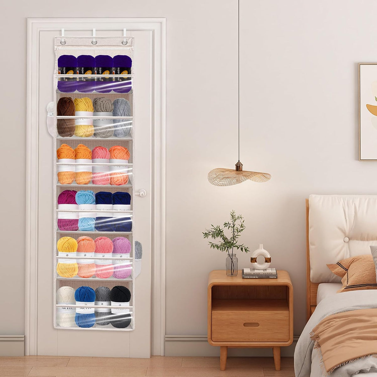 Over Door Organizer with 6 Extra Large Pockets 12 Side Pockets, Sturdy Closet Storage Rack, Hanging Storage Organizer with Clear Window for Shoes, Diaper, Bedroom, Bathroom, Beige, 4-Pack