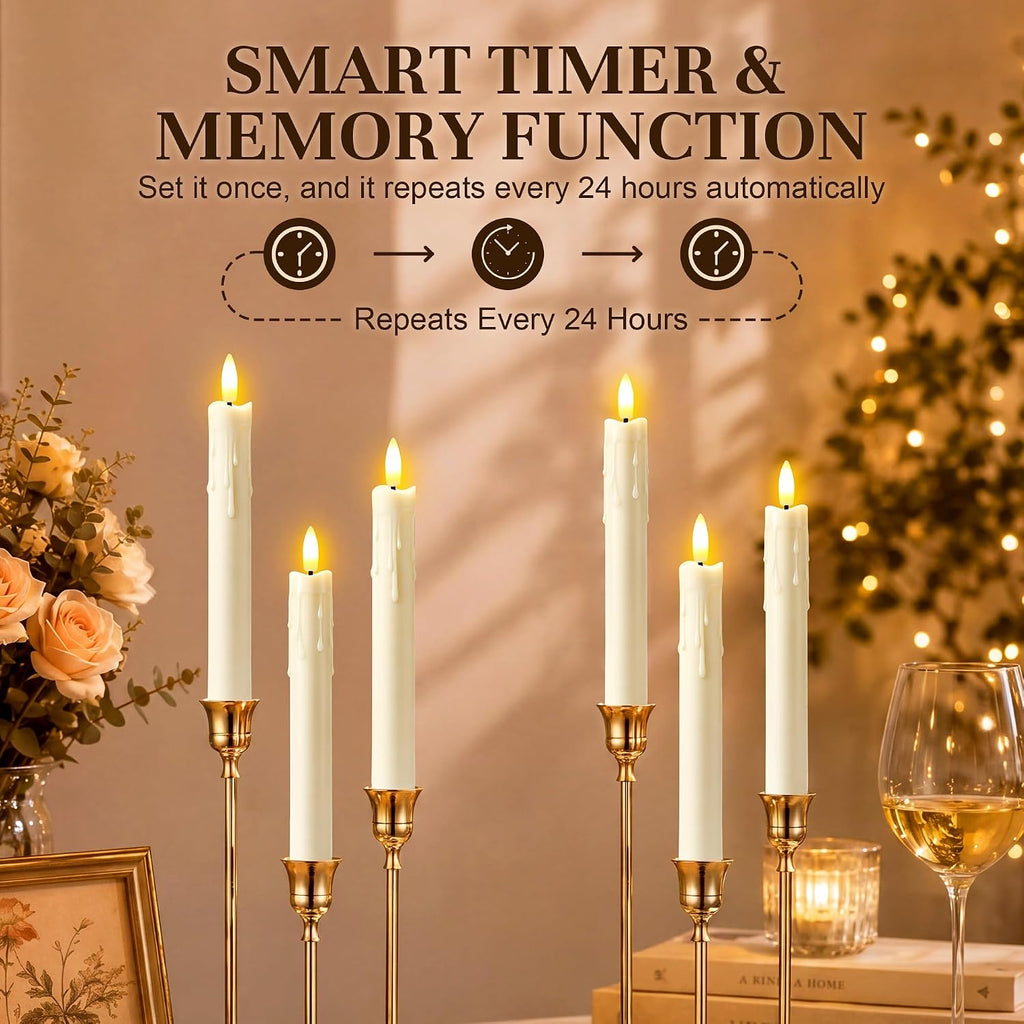 Enhon 6 Pack Flameless Taper Candles with Remote & Batteries, 7.7" Ivory LED Candle Sticks, 3D Wick & Wax Drip Design, 624+ Hour Battery Operated Candles for Home, Wedding & Christmas Decor