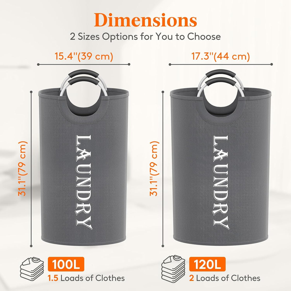 Lifewit 2 Pack 120L Laundry Basket with Aluminum Handles, Grey