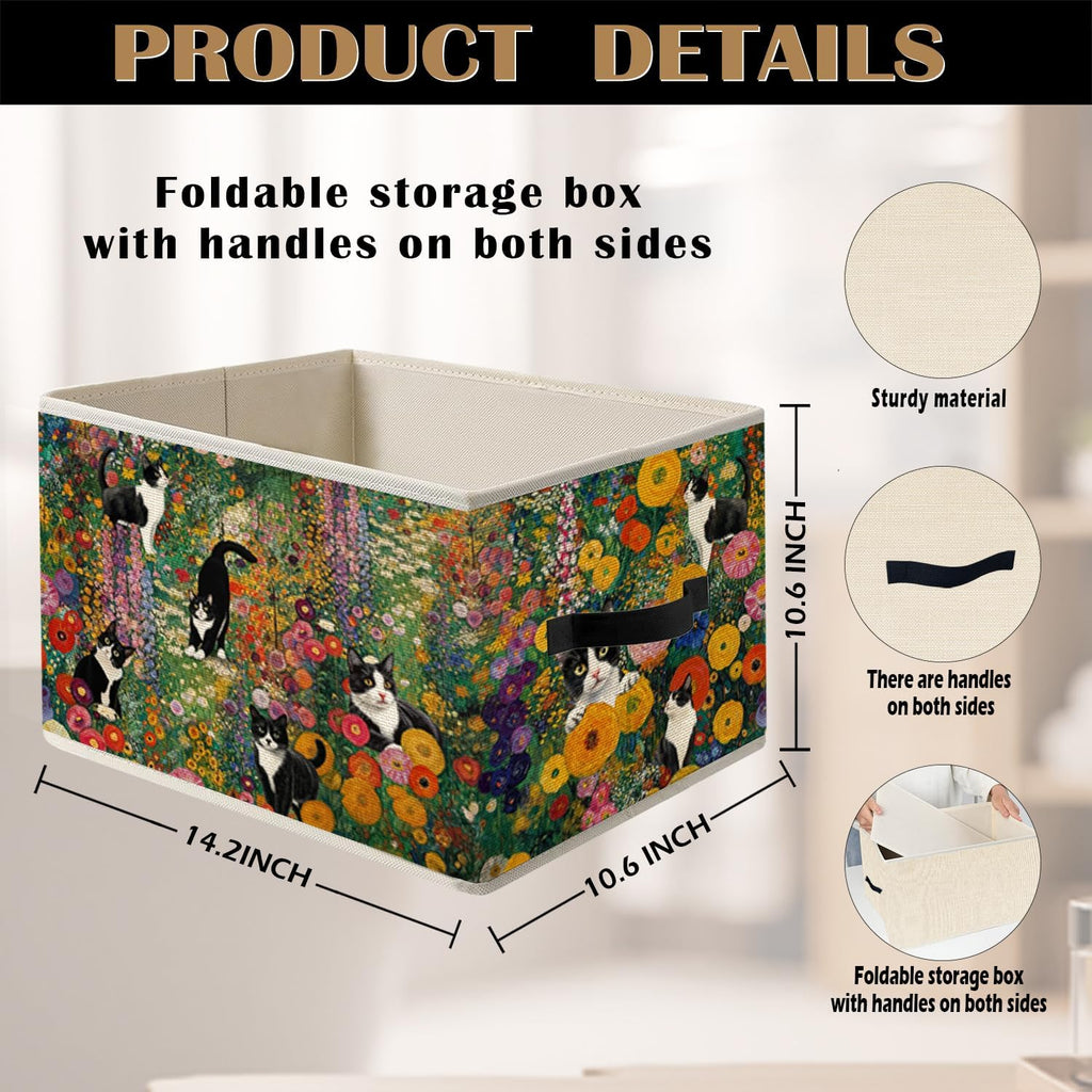 Gustav Klimt Inspired Tuxedo Cat Storage Bin Box with Handles, Colorful Floral Black and White Cat Foldable Organizer Basket Toybox for Home Bedroom Bathroom Clothes Toys Books