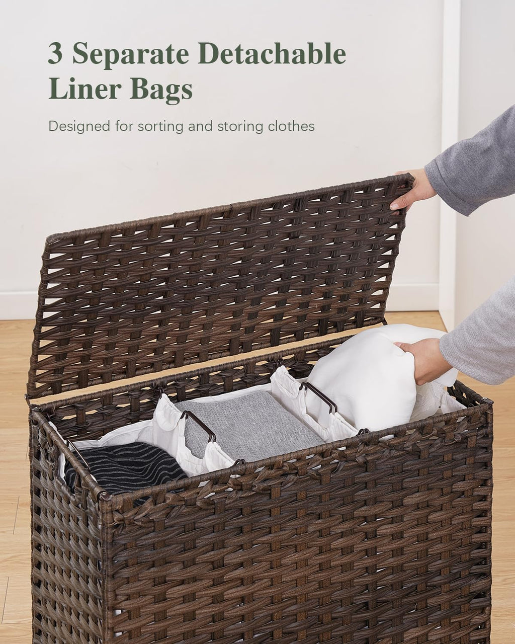 SETVSON Laundry Hamper with Lid, 35 Gal 3-Bag Clothes Sorter, Brown