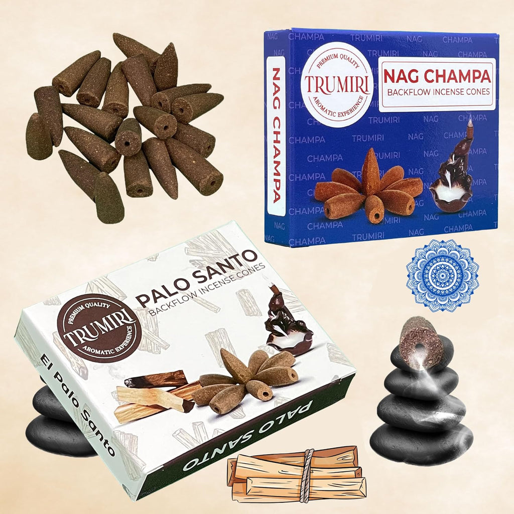 TRUMIRI Backflow Incense Cones - Combo Pack of 20 Incense Cones Waterfall - 10 Nag Champa + 10 Palo Santo
