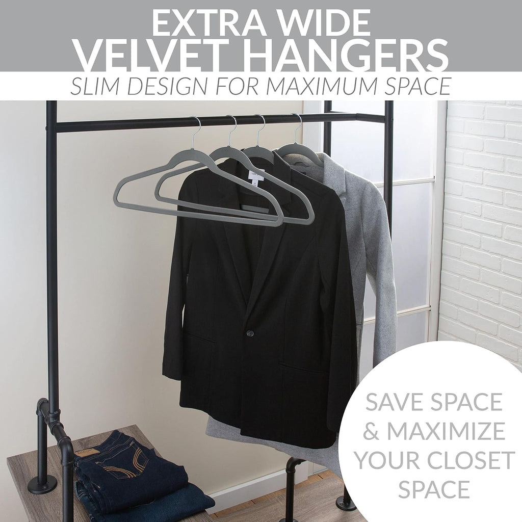 Simplify Extra Wide 21” Velvet Coat Hangers | 6 Pack | Slim Design | Heavy Duty | Holds 10 Pounds | Closet Organization | Shirt & Clothes | Grey