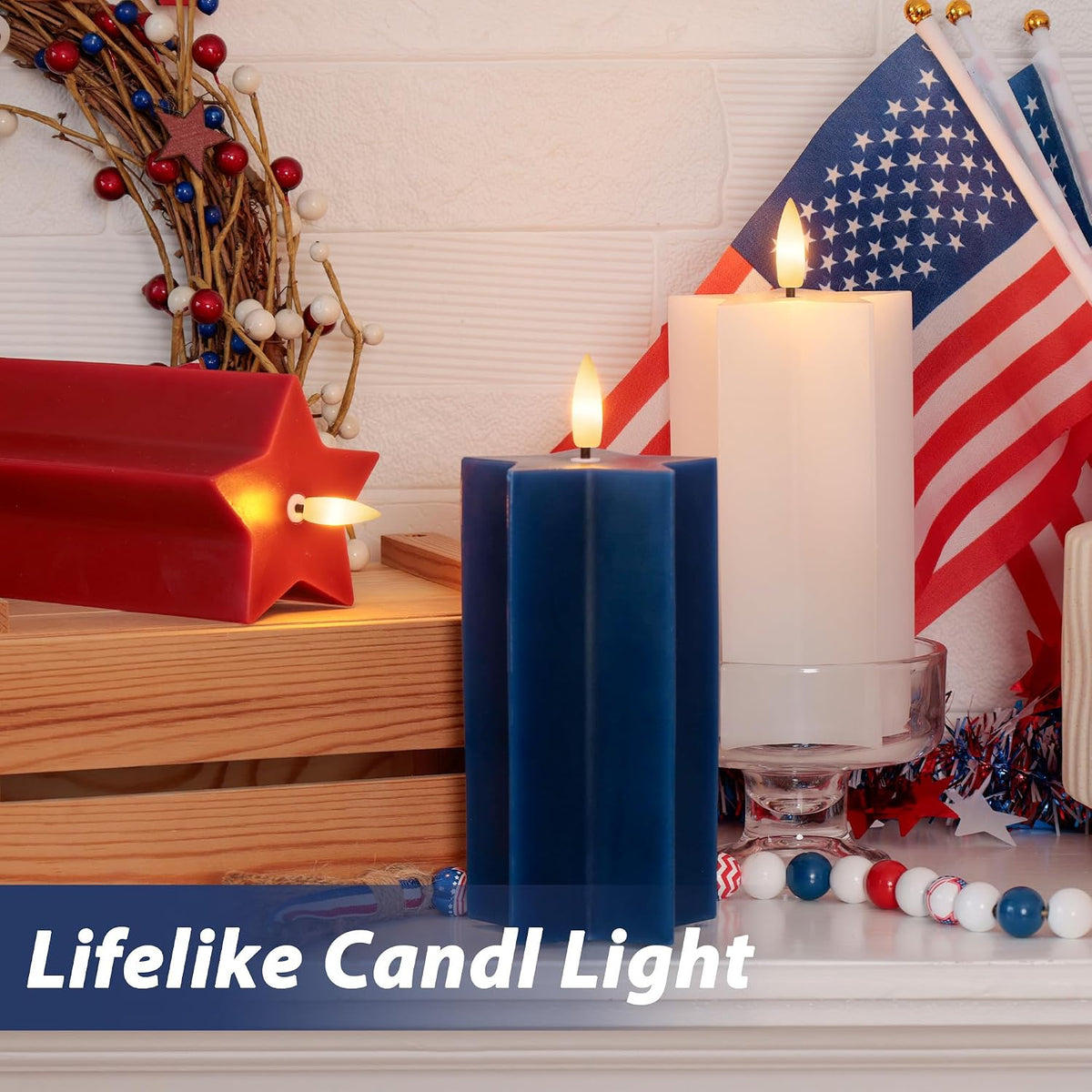 4th of July Flameless Candles with Remote, Red White and Blue LED Candles