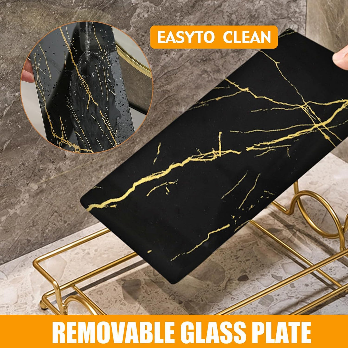 Toilet Tank Tray Black Gold Glass Bathroom Vanity Organizer