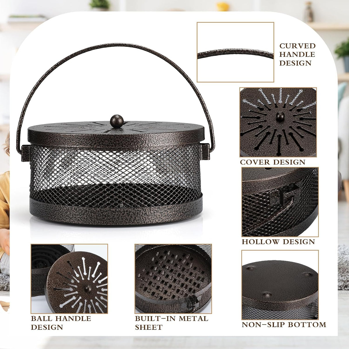 Lallisa 4 Pieces Mosquito Coil Holder Incense Coil Holder Round Retro Portable Metal Hanging Incense Burner with Handle for Home Camping Indoor Outdoor Patio(Bronze)