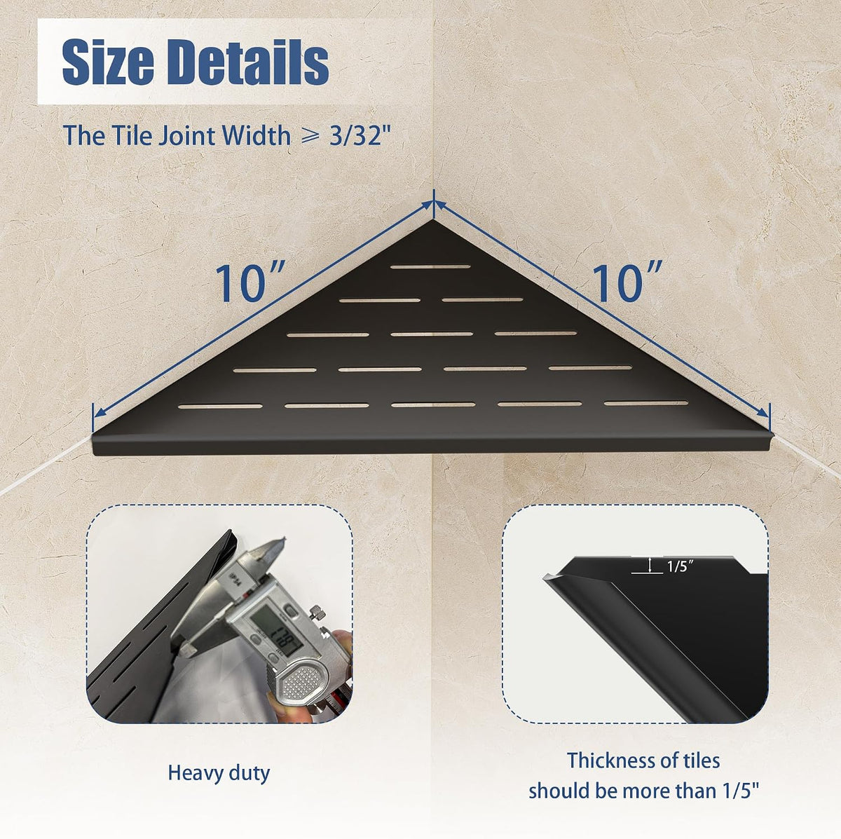 Neodrain 10 Inch Black Corner Wall Shelf for Tile Wall Insert, Set of 2