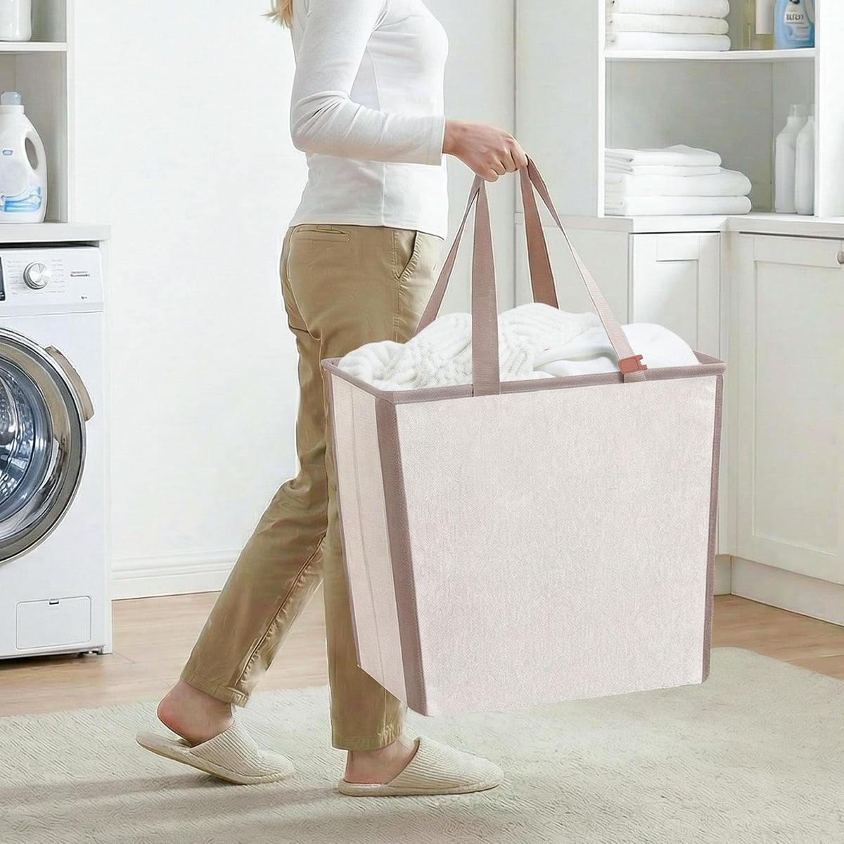 STORAGE MANIAC Collapsible Laundry Basket, 16.9 Gal. Large Pop-up Laundry Hamper with Long Carry Handles, Space-Saving Foldable Clothes Hamper with Bottom Elastic Band, Travel Laundry Bags, Oat Beige