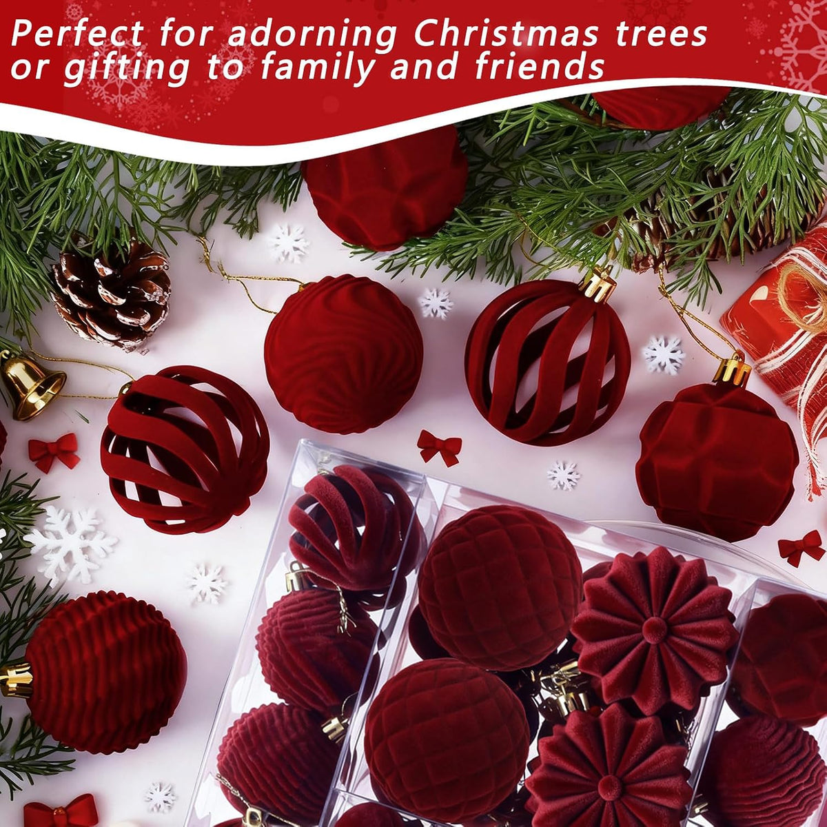 48 Pcs Velvet Christmas Ball Ornaments Set for Xmas Tree Decor(Bourgogne)