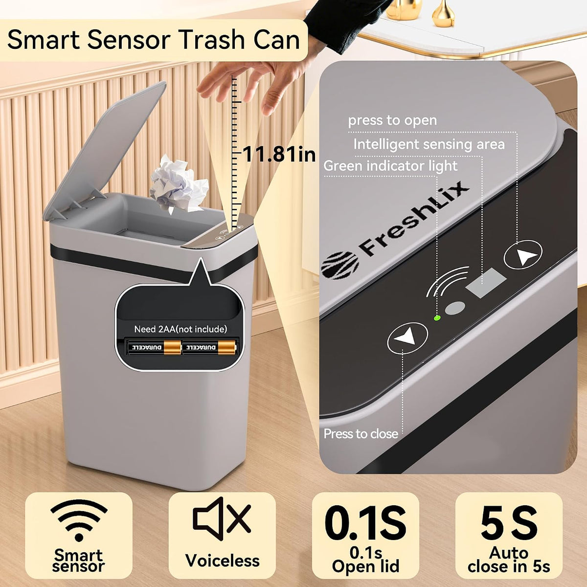 FRESHLIX 3 Pack Bathroom Trash Can 2.5 Gallon Small Touchless Automatic Motion Sensor Trash Cans Slim Waterproof Garbage Bin with Lid for Kitchen, Office, Bedroom Black White Grey
