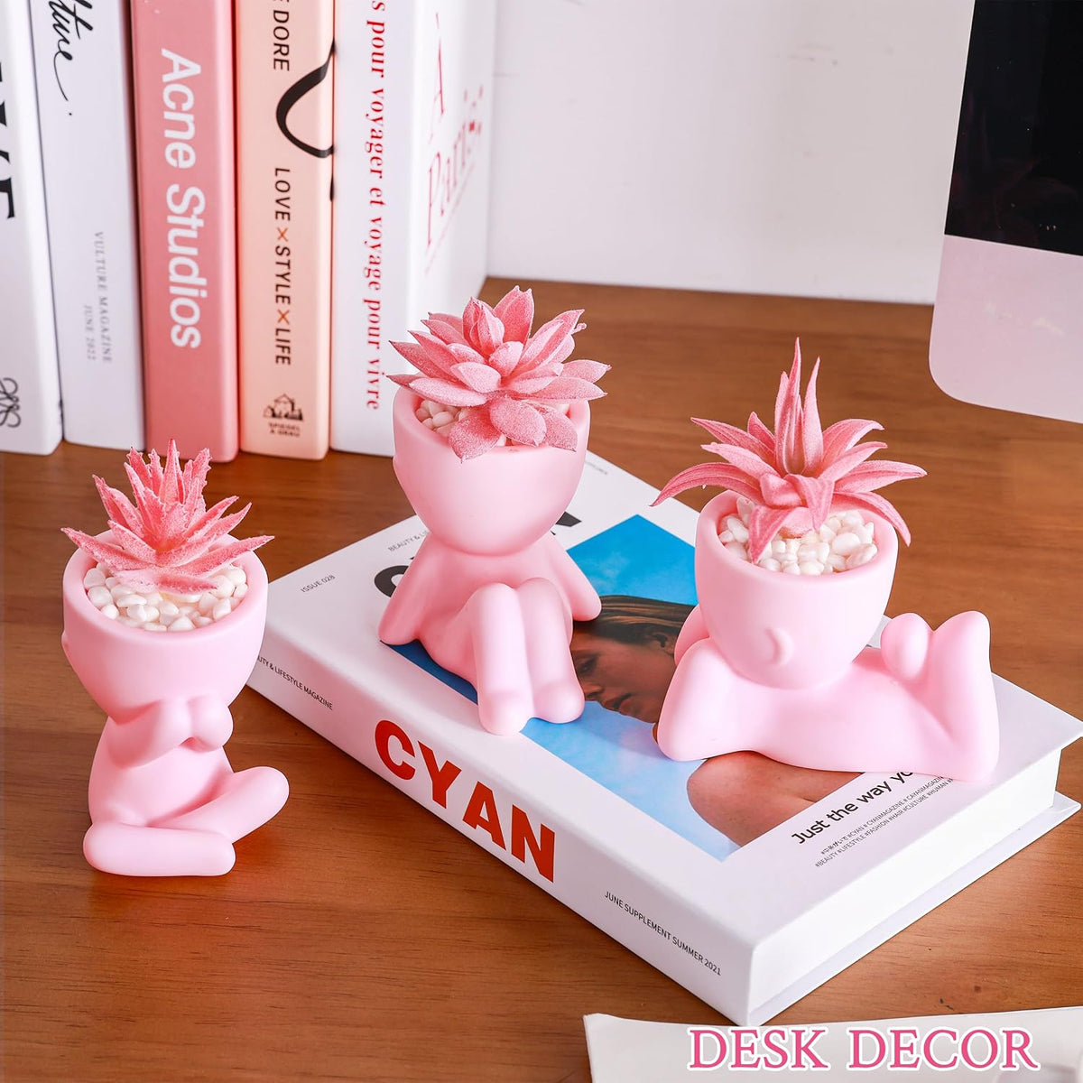 Der Rose 3 Pack Fake Succulents in Pink Human Pots for Desk Decor