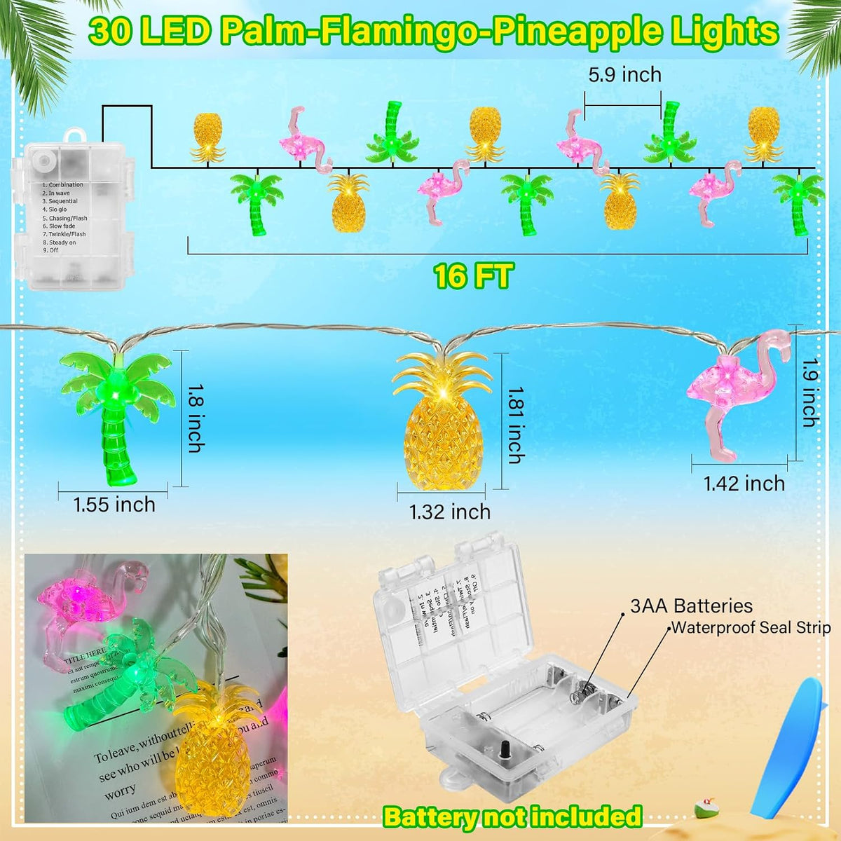 Olixmlya 30 LED [ 8 Modes & Timer ] 16Ft Summer Tropical Beach Hawaiian String Lights Tropical Flamingo Pineapple Palm Tree Fairy Lights Battery Operated for Party Beach Pool Summer Decor