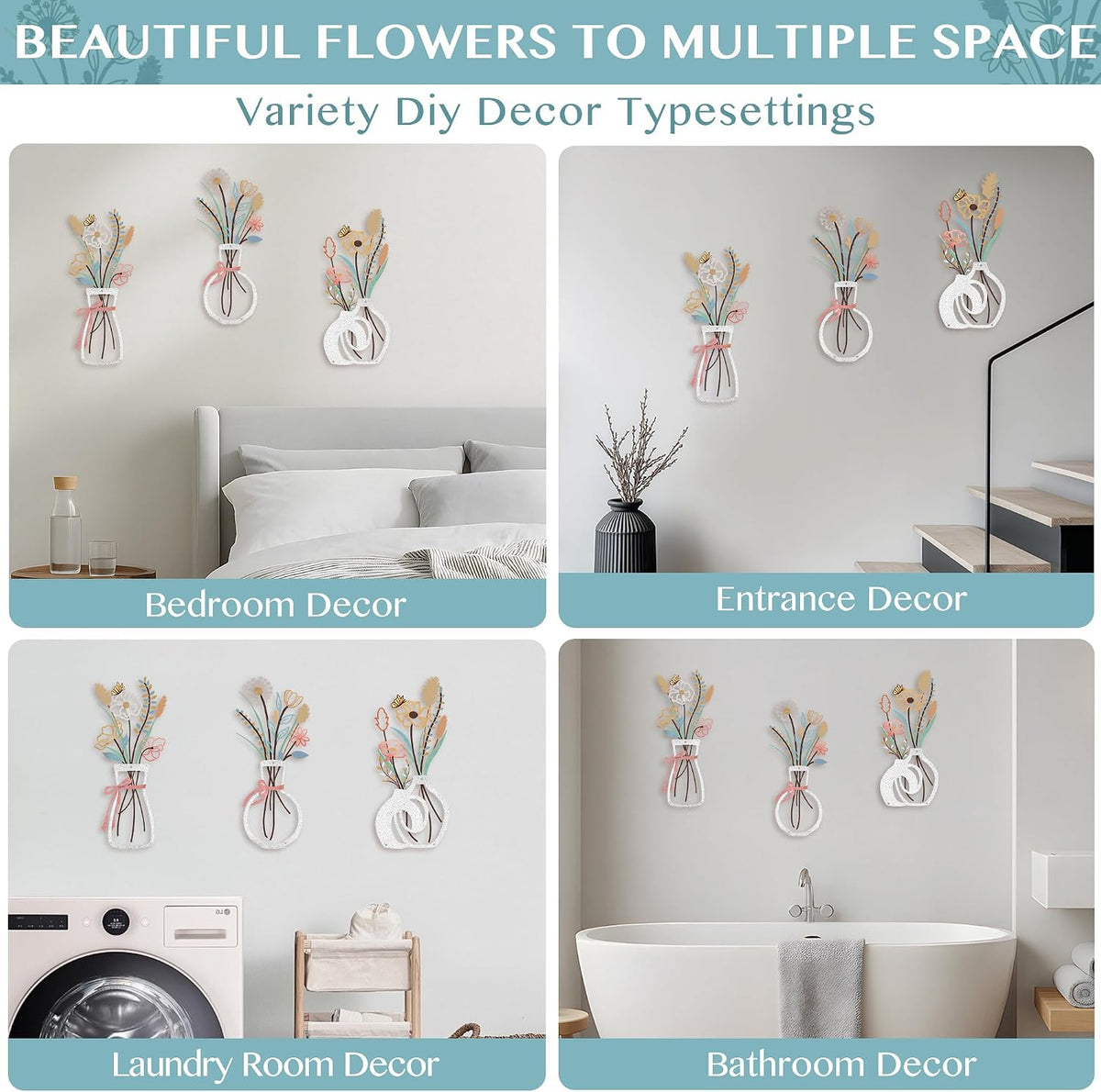 Metal Flowers Wall Decor for Living Room,Boho Floral Wall Art for Kitchen,Rustic Work for Farmhouse,Living Room,Bathroom,Laundry Room,Office,3D Flower Bow Butterfly Sculptures-Housewarming Gifts,3PCS