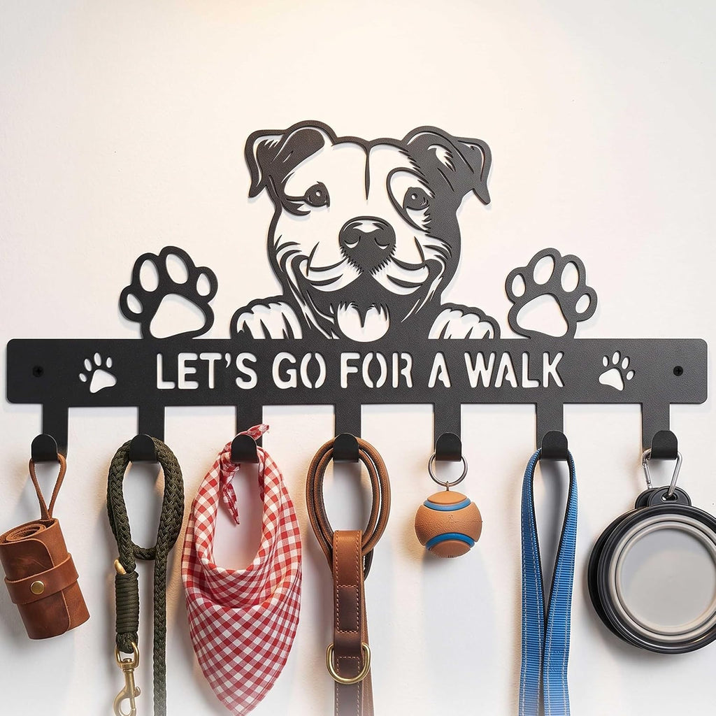 Metal 7‑Hook Pitbull Wall Dog Leash Holder, Pit Bull Dog Wall Art