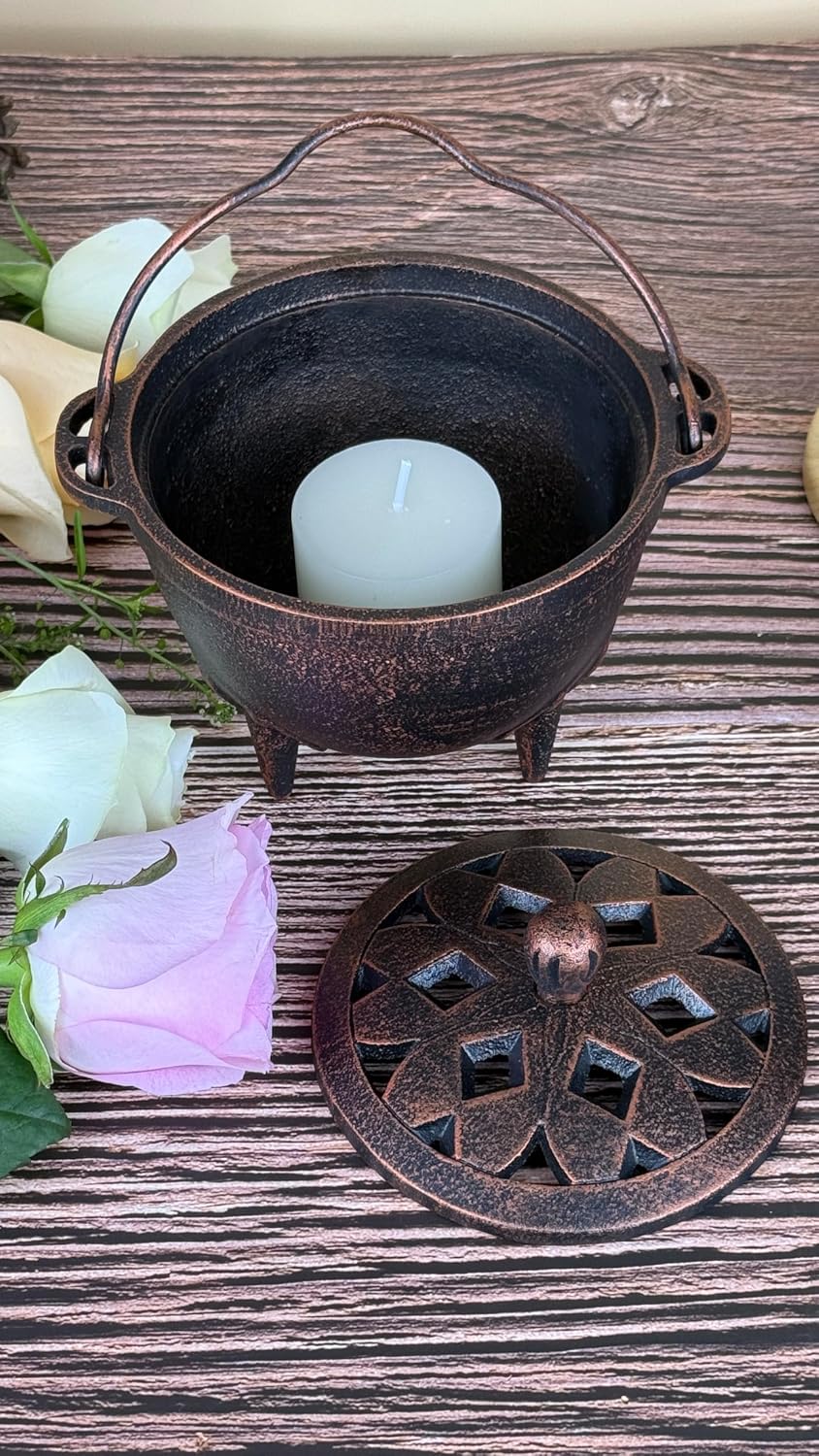 YIMIFLA Incense Burner Holder with Lid and Handle Cast Iron Cauldron 4.9" Frankincense Resin Charcoal Incense Burner Great for Yoga, Spa Aromatherapy, Smudging, Ritual & Blessings (Red Bronze)