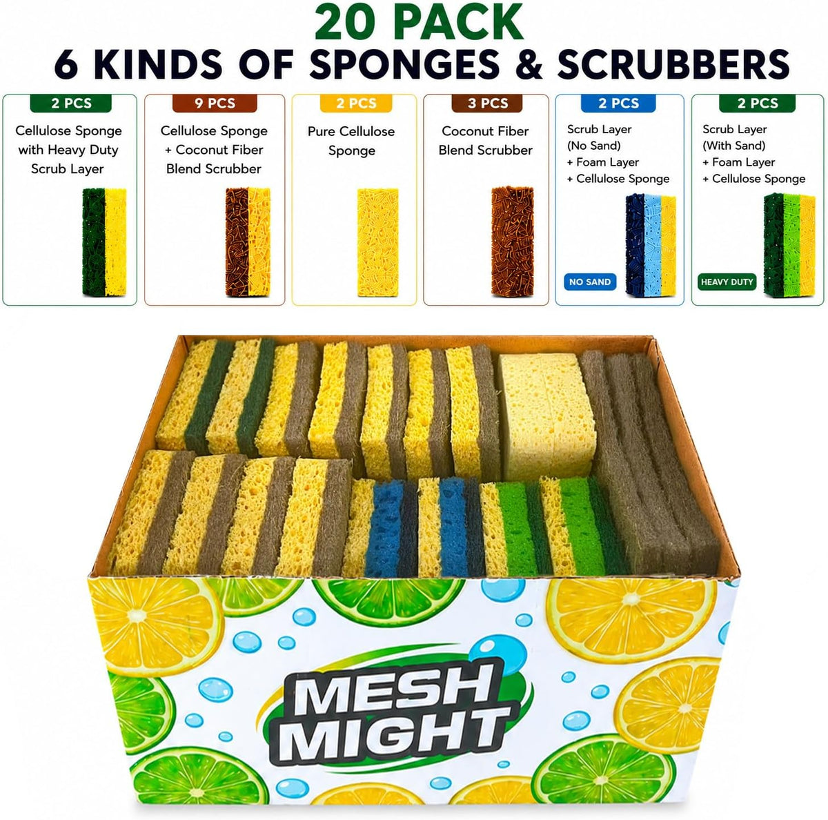 Kitchen Sponges, 20 Count, Plant-Based Cellulose + PET Scrub Sponge Set, Scratch & Non- Scratch Dish Sponges, Assorted Cleaning Sponges