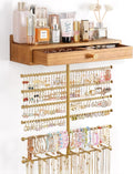 VINAEMO Hanging Wall Mounted Jewelry Organizer with Drawer, Honey Brown