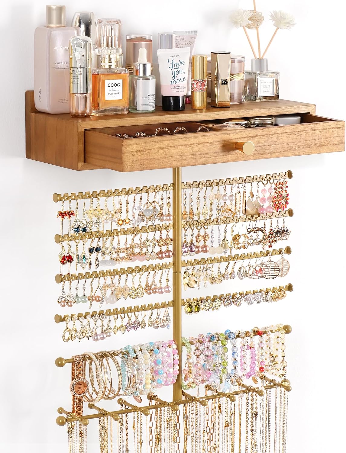 VINAEMO Hanging Wall Mounted Jewelry Organizer with Drawer, Honey Brown
