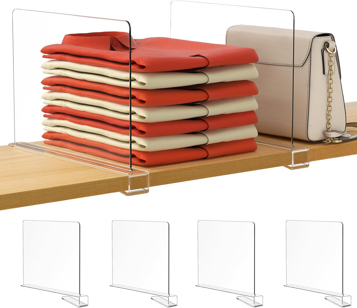 HBlife 4 Pack Transparent Shelf Dividers, Vertical Purse Organizer for Closet Perfect for Sweater, Shirts, Handbags in Bedroom and Kitchen, Adjustable Acrylic Bookshelf for Organization