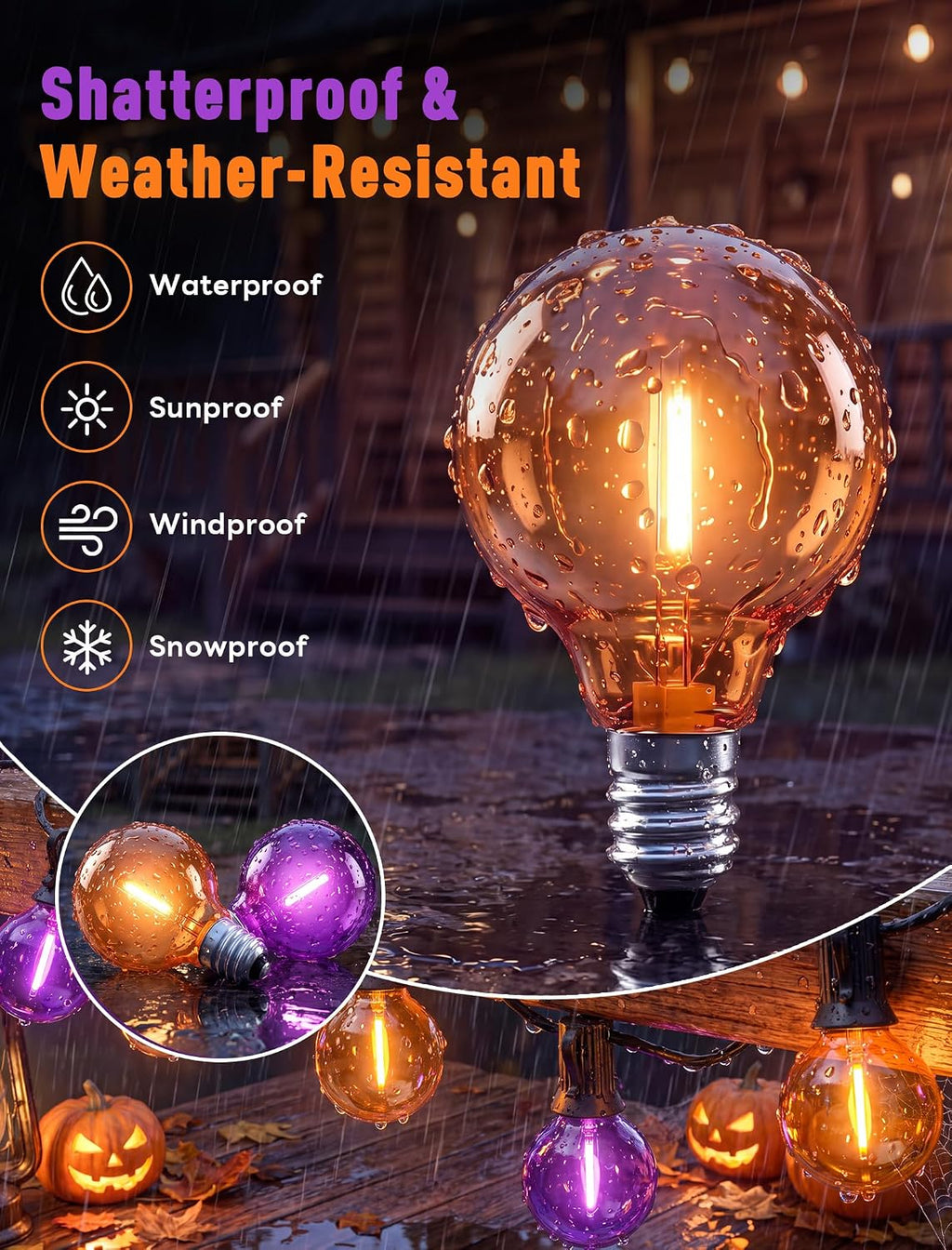 Abeja G40 Purple Orange LED Replacement Bulbs, 0.6W Halloween Bulb Shatterproof Waterproof Outdoor String Lights Bulb for Indoor Outdoor Halloween Patio String Lights, 25 Pack