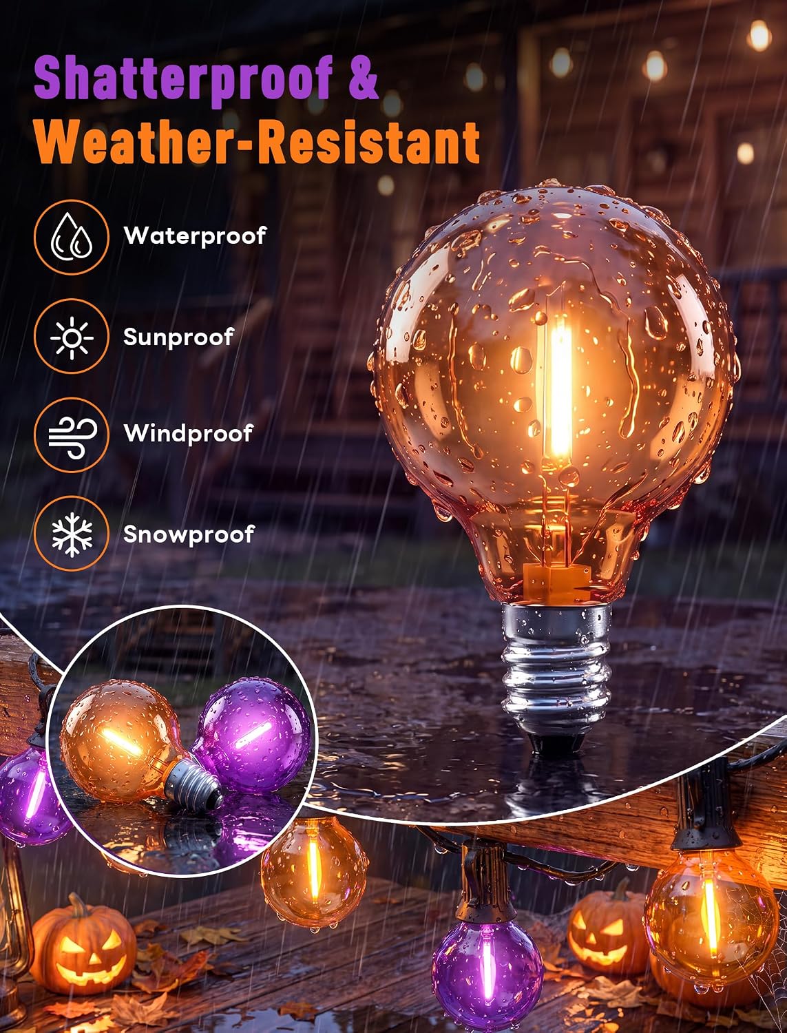 Abeja G40 Purple Orange LED Replacement Bulbs, 0.6W Halloween Bulb Shatterproof Waterproof Outdoor String Lights Bulb for Indoor Outdoor Halloween Patio String Lights, 25 Pack