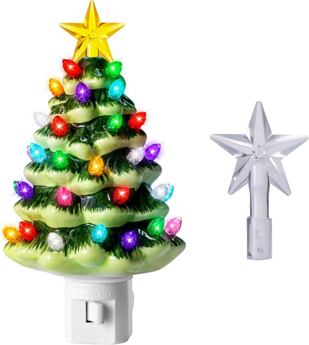 JOYIN 5.5" 2 Pcs Ceramic Xmas Tree Night Lights, Classic Christmas Decor Night Lights with 54 LEDs, Mini Tree Lights Plug in Christmas Decoration, Bedroom Living Room Hallway Holiday Indoor Decor