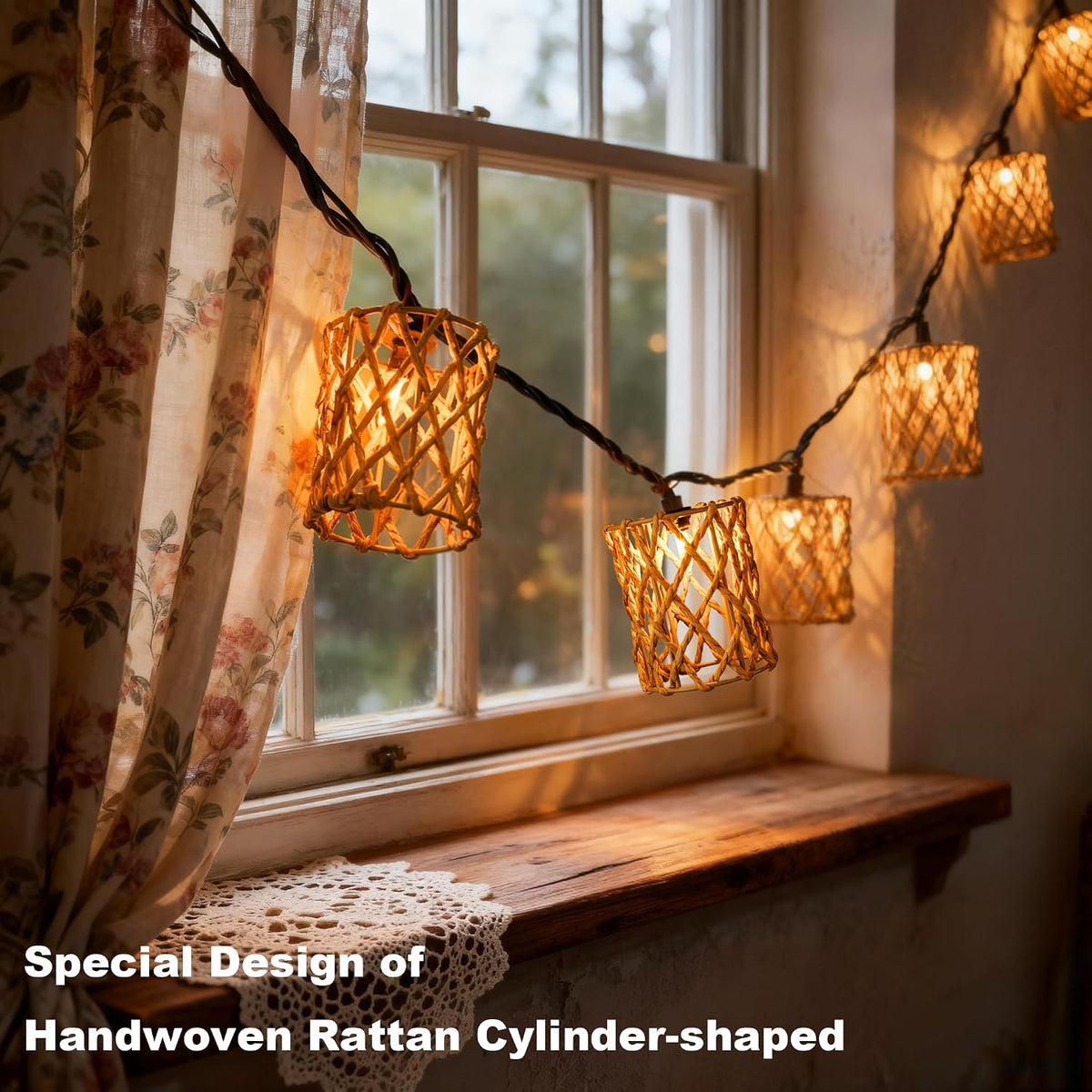 Decorative String Lights Plug in with 10 Incandescent Bulbs, Handwoven Rattan Cylinder-shaped Boho Lantern String Lights Connectable Weatherproof Outdoor Indoor for Bedroom Patio Pergola Decor (Beige)