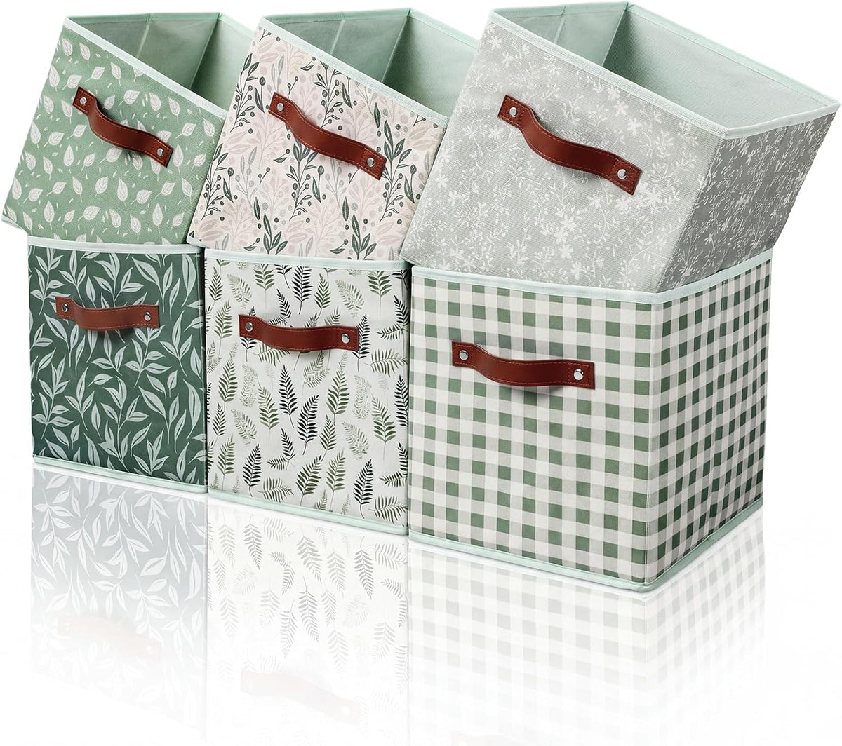 Patelai 6 Pcs Sage Green Cube Storage Bins 11 Inch with Leather Handle