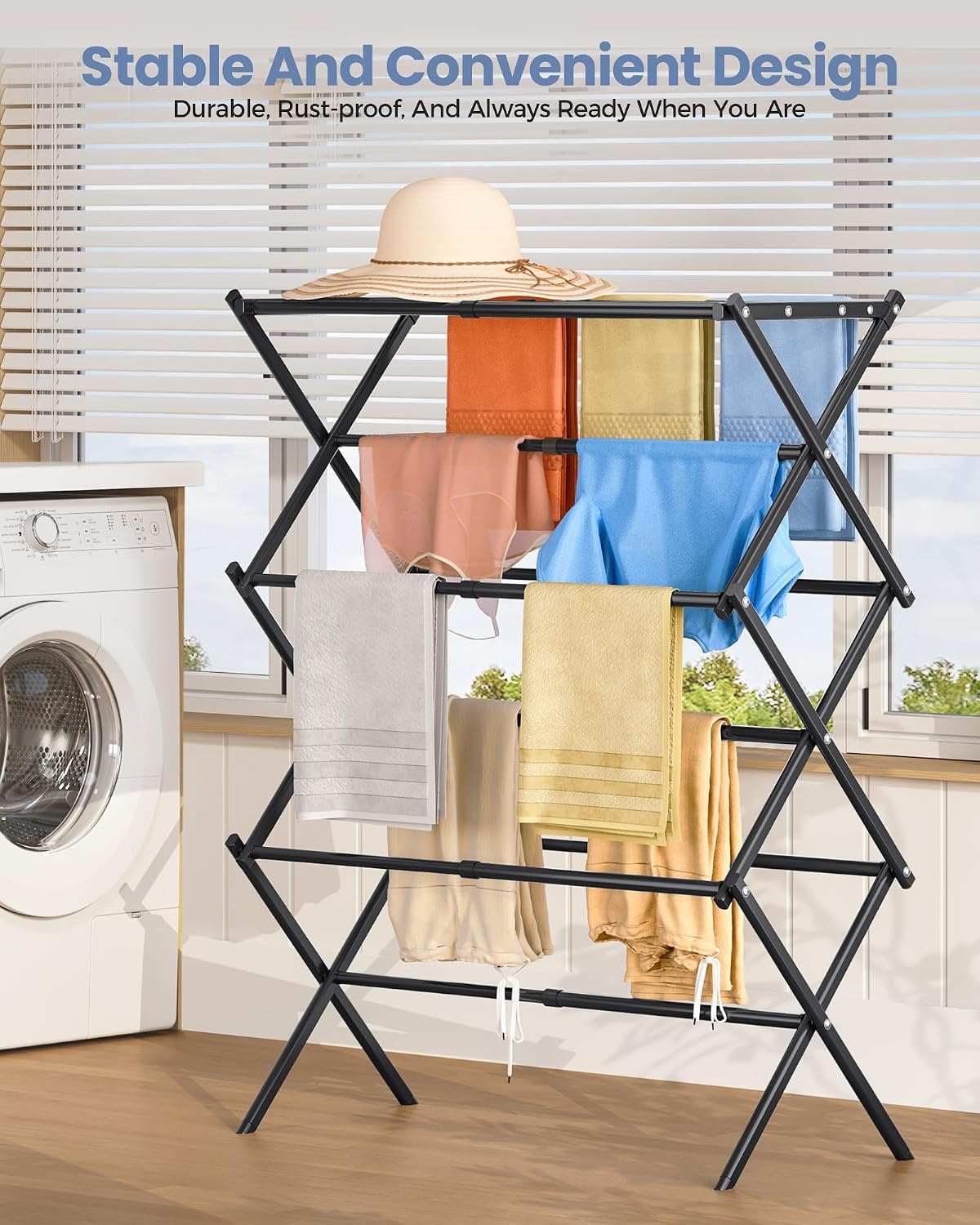 APEXCHASER Oversize 3-Tier Clothes Drying Rack, No Assembly, Black