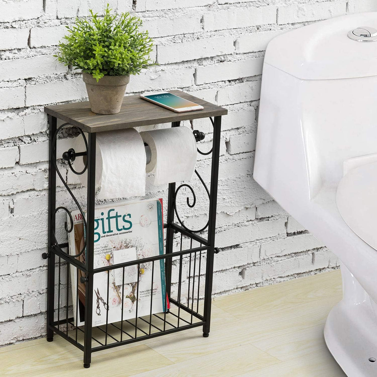 MyGift Toilet Paper Holder Stand with Magazine Rack, Gray Wood Shelf