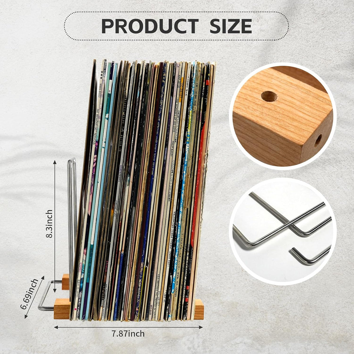 40 LP Vinyl Record Storage Solid Wood Vinyl Record Holder (Stainless Steel)