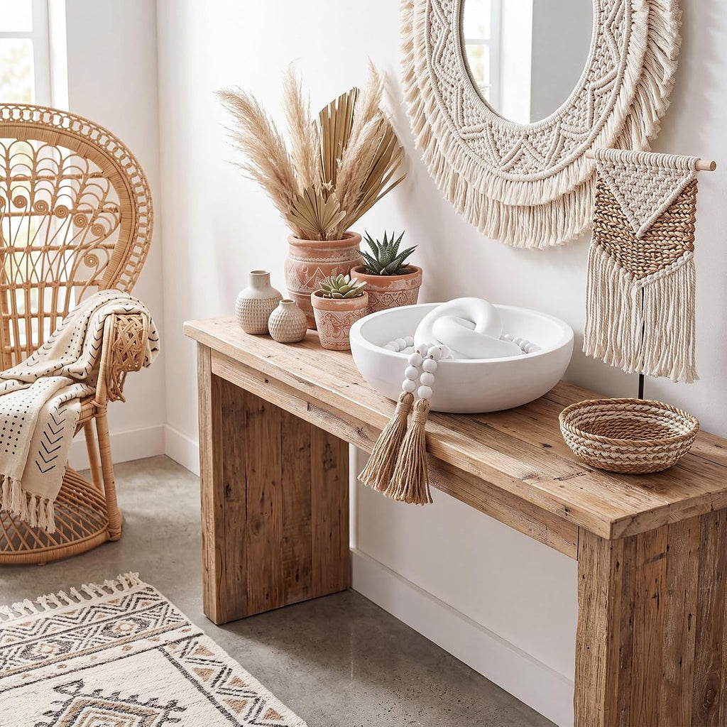 Novabright Farmhouse Wooden Decorative Bowl Set with Chain Beads, White