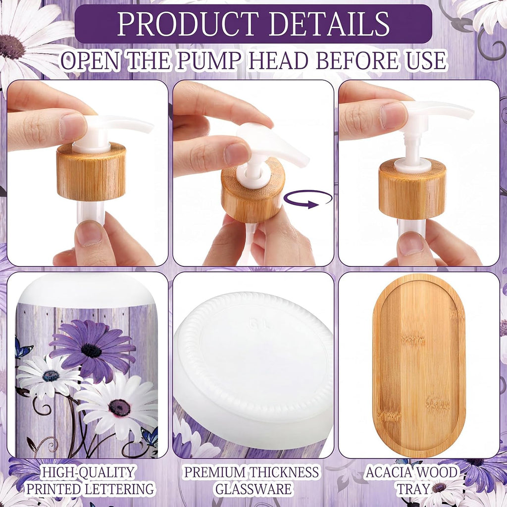 Potchen 2 Pack Glass Soap Dispenser Set Bathroom Decor Housewarming Gift Glass Soap Dispenser with Pump Wood Tray Home Decoration for Kitchen Bathroom (Purple Daisy)