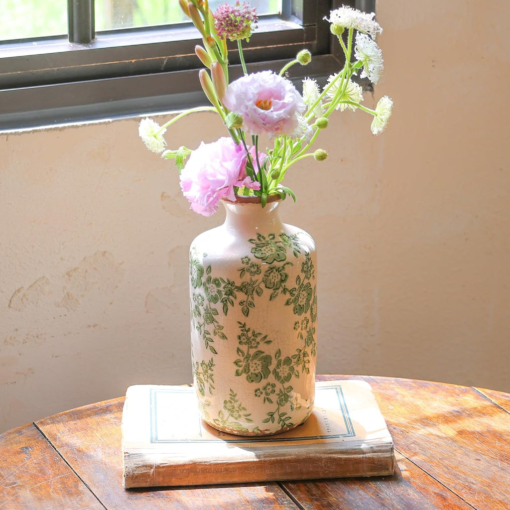 8" Retro Crackle Glaze Ceramic Vase Rustic Green Vases Decorative Vases Farmhouse Home Decor Vase Chinoiserie Vintage Flower Vases (Green, 8 Inches)
