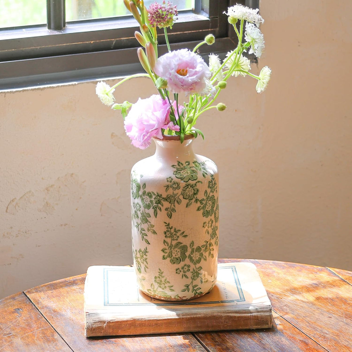 8" Retro Crackle Glaze Ceramic Vase Rustic Green Vases Decorative Vases Farmhouse Home Decor Vase Chinoiserie Vintage Flower Vases (Green, 8 Inches)