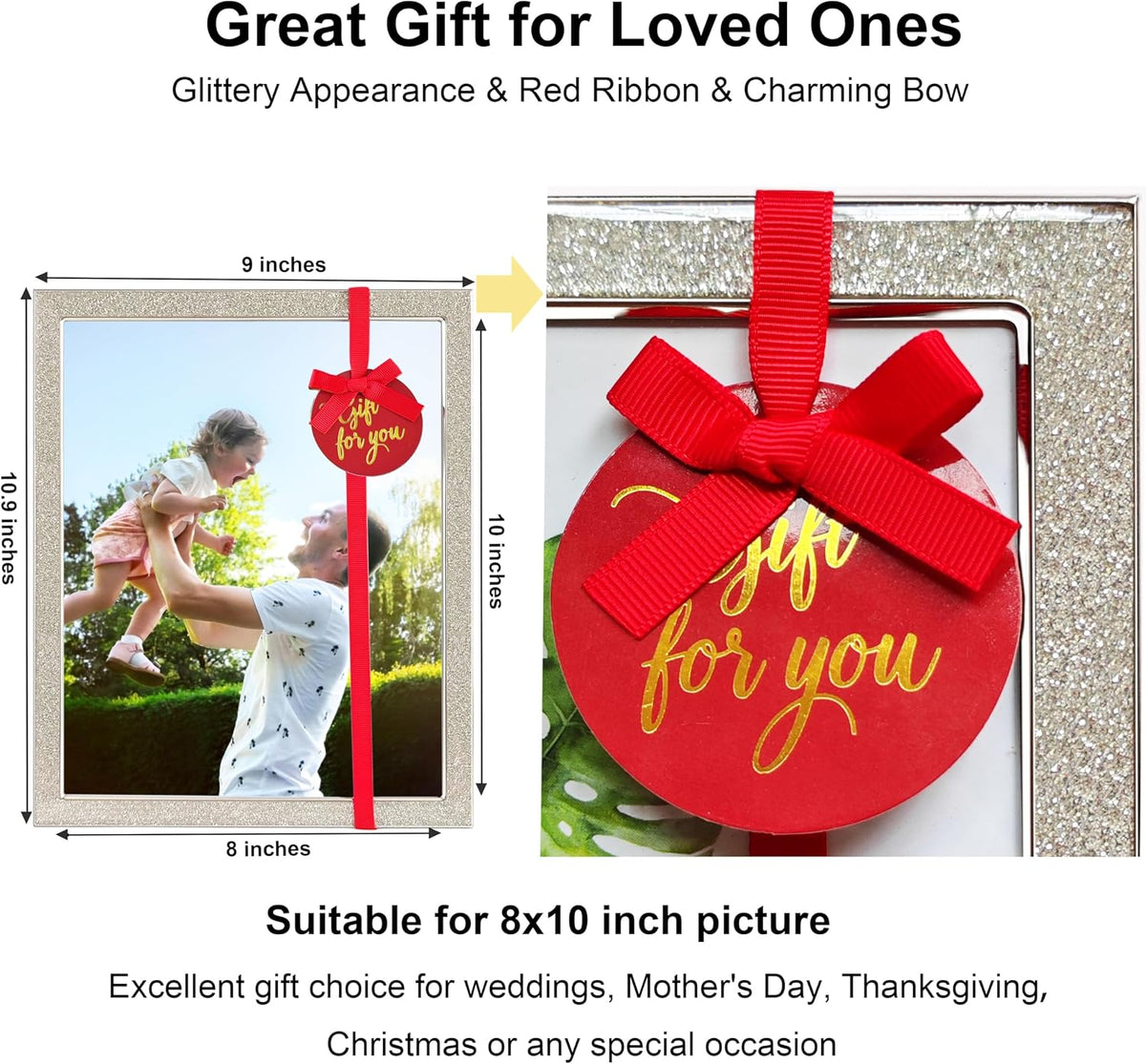 Enamel Picture Frames 8x10, 8 by 10 Silver Glittering Photo Frame with Real Glass & Velvet Back, Sparkling Metal frame for Tabletop or Wall, Amazing Weddings Graduation Gift & Wall Art Decor
