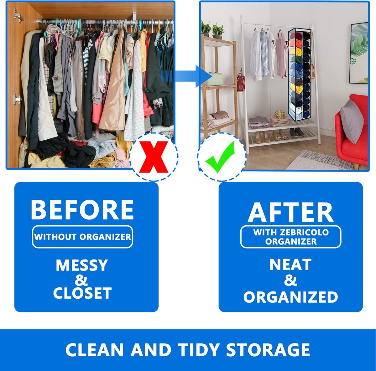 Closet Organization,24 Section, Hanging Closet Organizer, Space Saving, College Dorm Essentials for Girls, Heavy dutys Hooks Up to 45 Pounds, Clothes Storage,Closet Organizer,White/Black