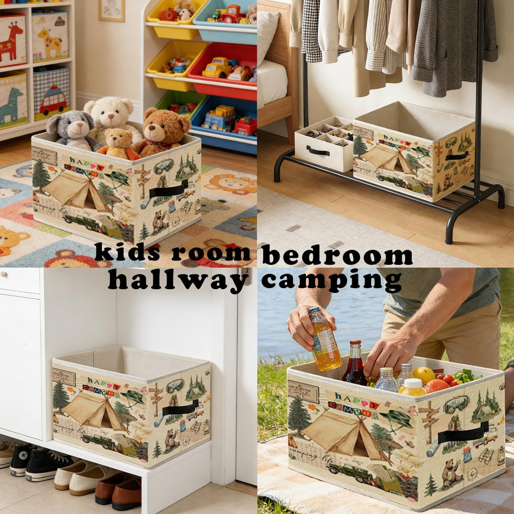 Vintage Camping Storage Bins, Camping Lover Gifts Foldable Closet Organizers Storage Basket Toybox for RV Camper Kids Room Playroom Bedroom Clothes Toys Books