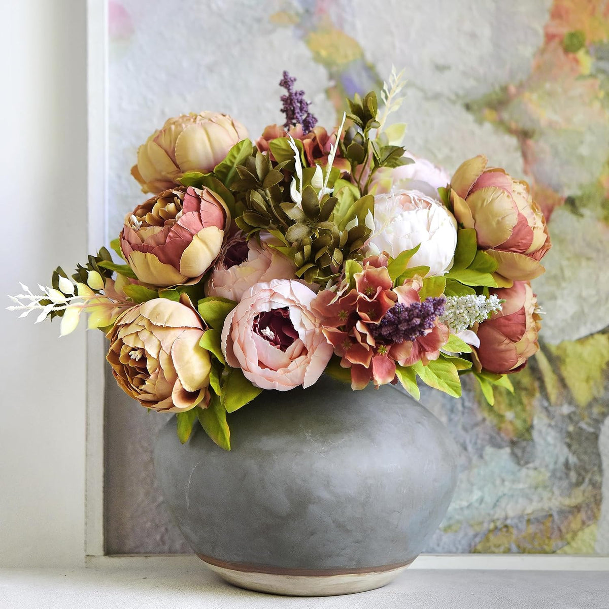 FiveSeasonStuff Mixed Pale Pink & Tawny Brown Artificial Peony Set of 2