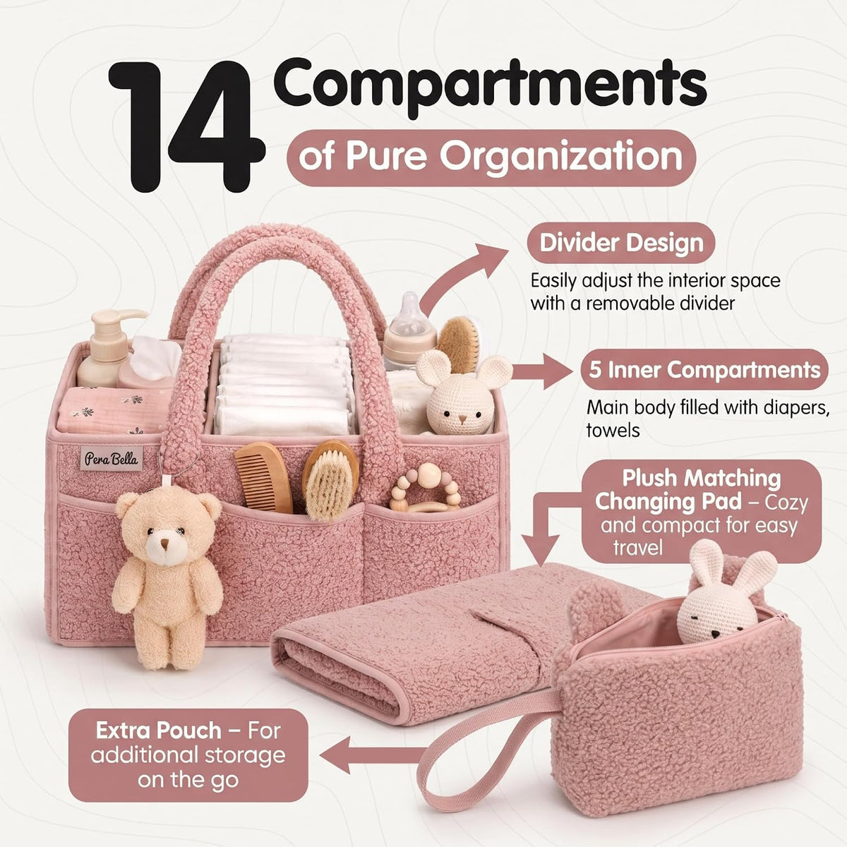 PeraBella Baby Diaper Caddy Organizer, Nursery Storage Baby Basket 3Pcs Set