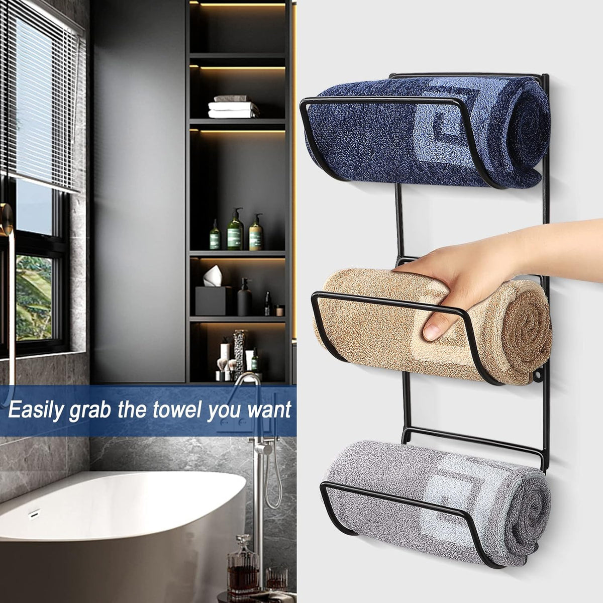 NearMoon Towel Rack Wall Mounted- All Metal Bathroom 2 Towel Rack Holders+ Hand Towel Storage Basket, Rustproof 3 Level Wine Rack Organizer for Hand Towels, Washcloths, 2+1 Pack (Matte Black)