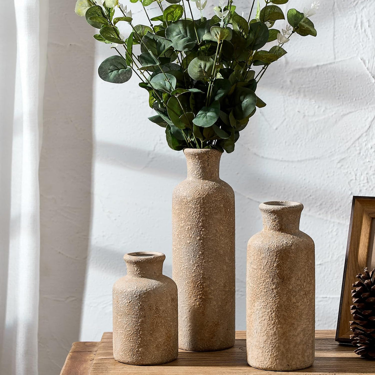 Ceramic Rustic Farmhouse Vase Set of 3,Terracotta Vases for Home Decor