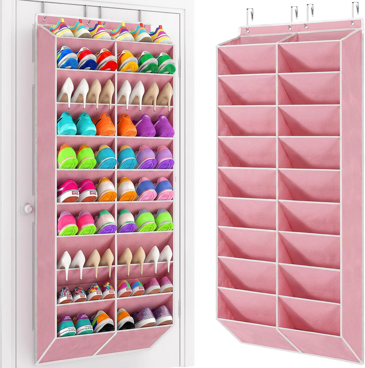 Yecaye 30 Pairs Over the Door Shoe Organizer, Large Capacity Hanging Shoe Rack for Door with Deep Pockets, Heavy Duty 10 Tier Shoe Holder for Sneakers Boots Heels College Dorm Essentials, Dusty Pink
